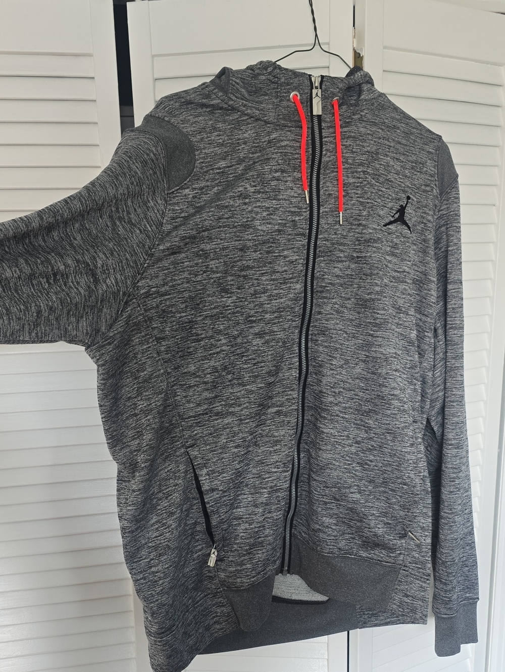Jordan Men’s Heather Gray Full-Zip Hoodie with Red Drawcords & Zippered Pockets